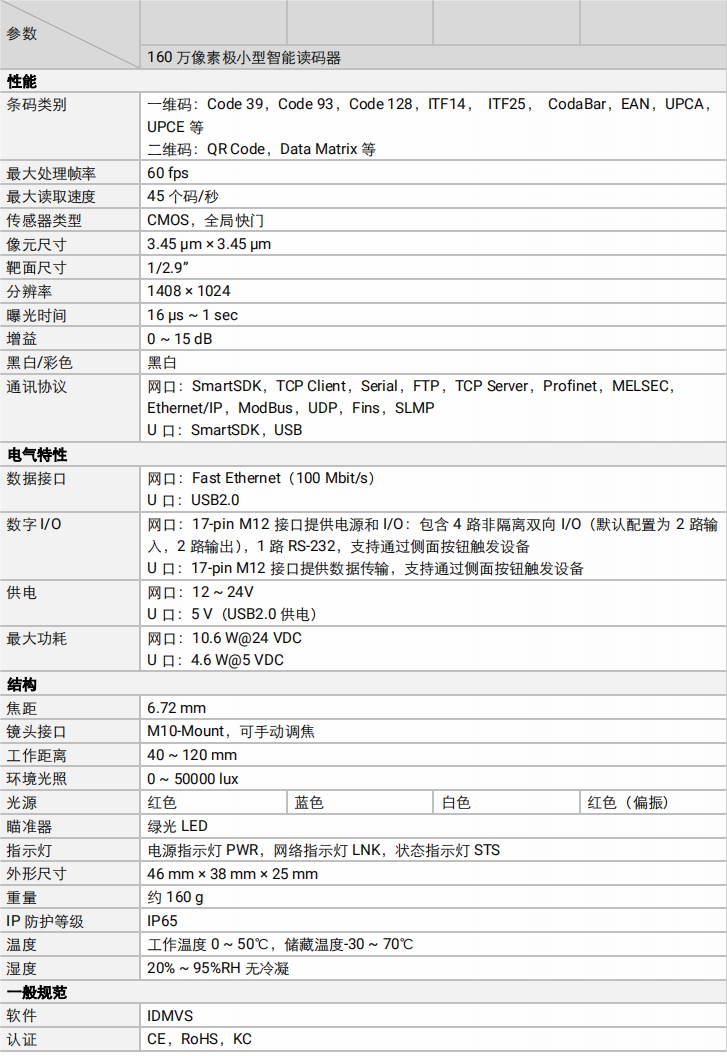 ？礛V-RD716-2智能读码器参数图